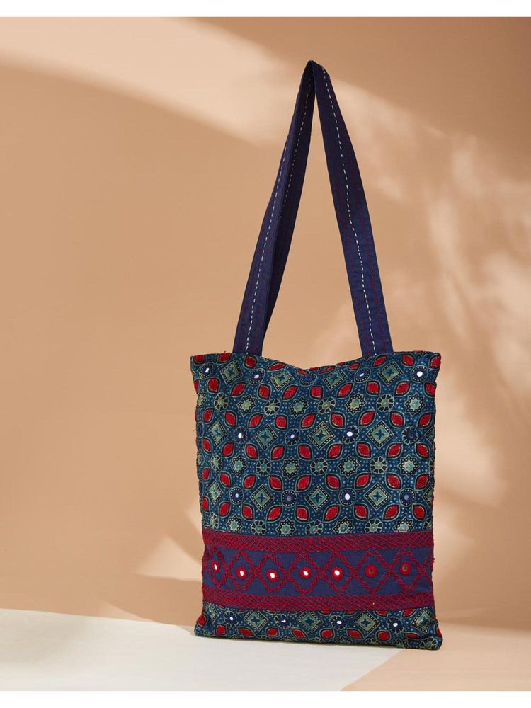 fabindia fashion Fabindia Blue and Red Embroidered Tote Bag-picture-11