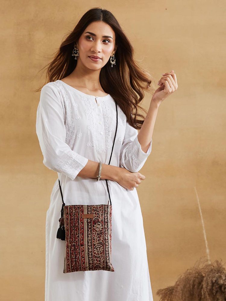 Fabindia Red Hand Block Printed Sling Bag (M)-image-7