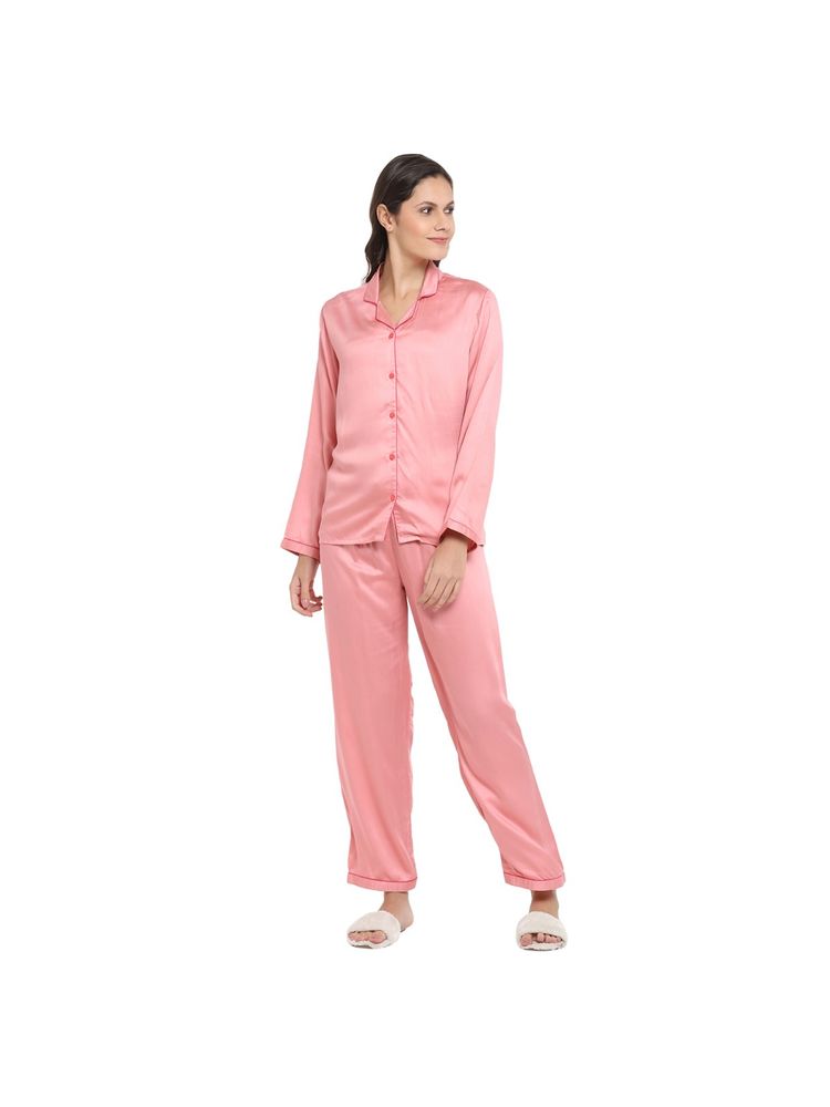 Shopbloom Ultra Soft Modal Satin Long Sleeve Women's Night Suit| Lounge Wear - Pink-picture-10