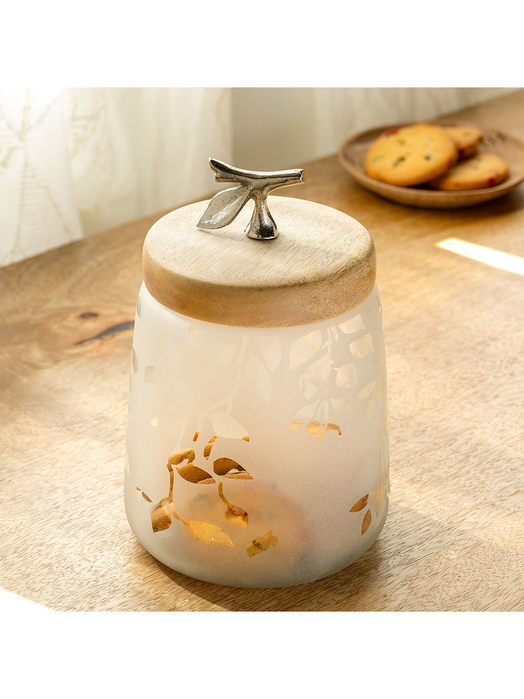 Ellementry Twigy Frosted Glass Jar With Wooden Lid (Short)-picture-2