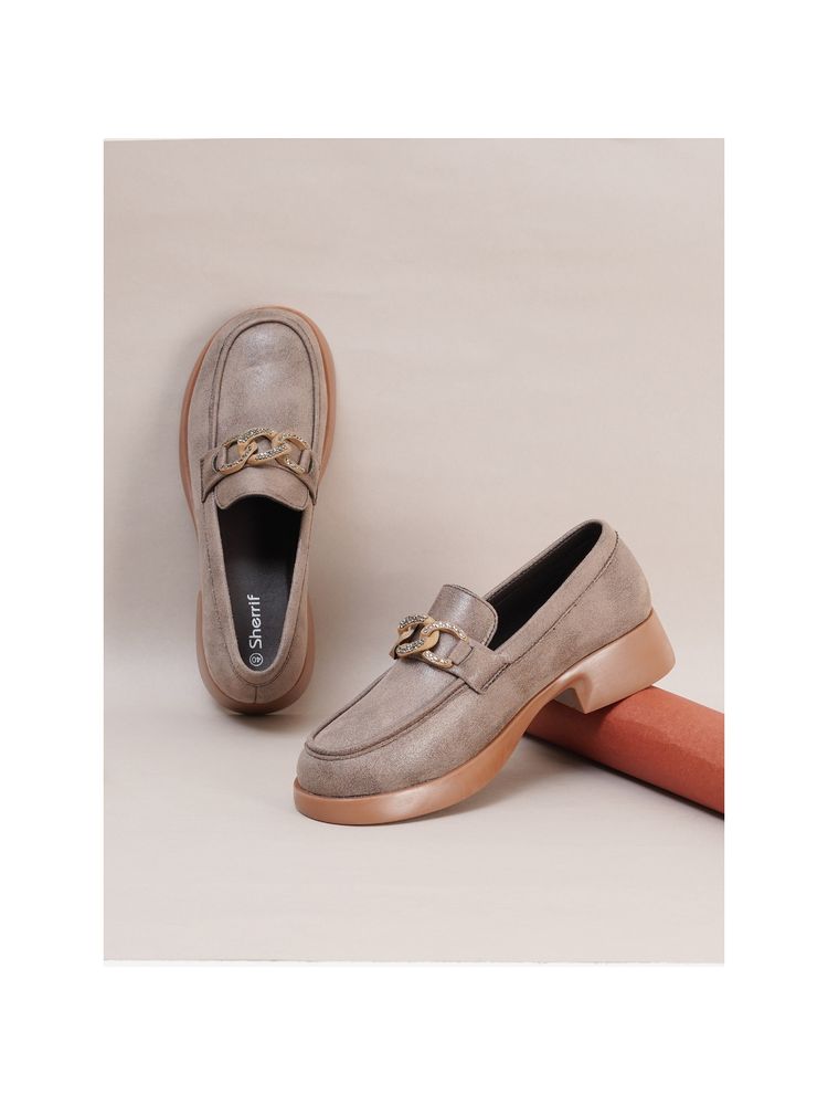 Sherrif Shoes Women Suede with Chain Detail Taupe Slip-On Loafers-picture-13