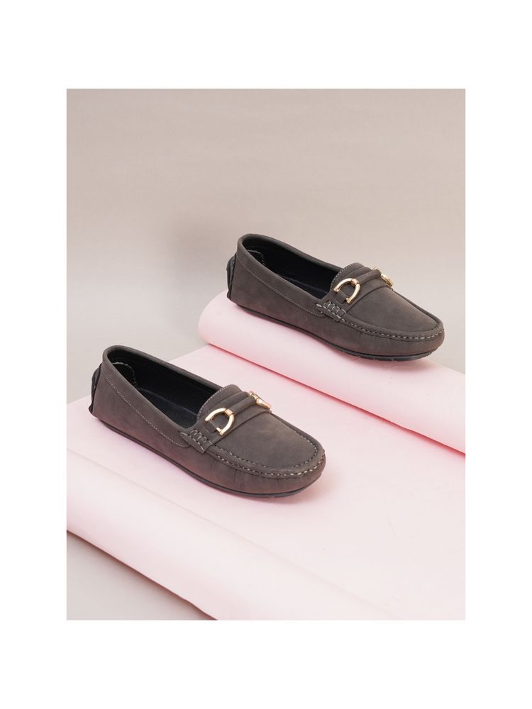 Sherrif Shoes Women Grey Suede Gold Buckle Detail Loafers-image-19