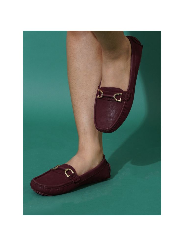 Sherrif Shoes Women Maroon Suede Gold Buckle Detail Loafers-picture-13