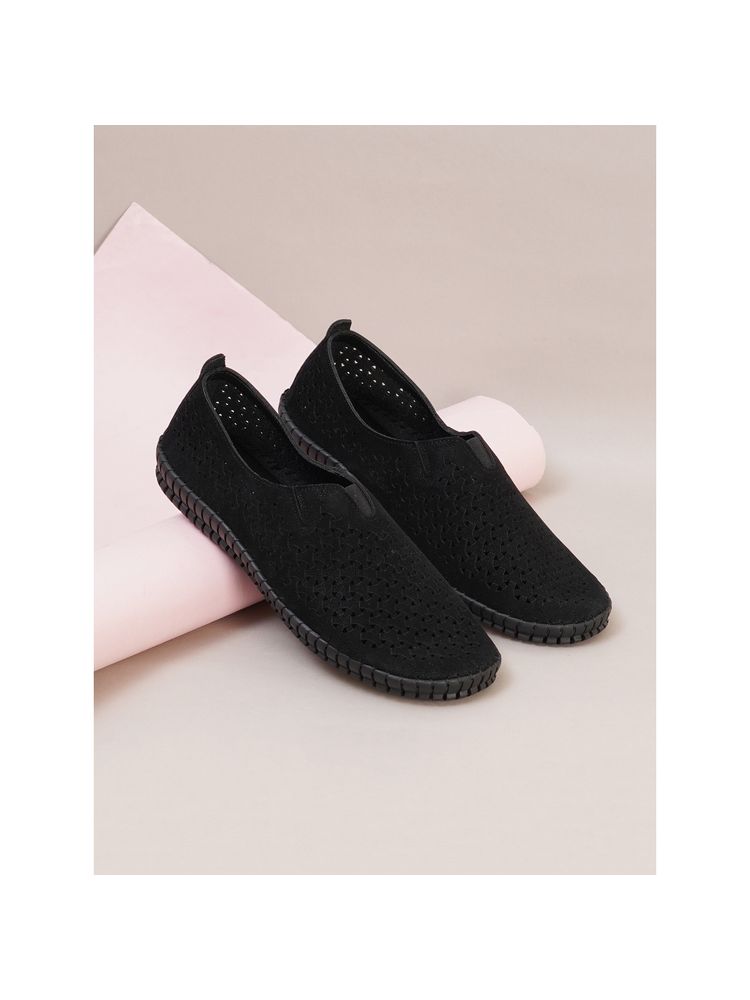 Sherrif Shoes Women Black Perforated Slip-On Loafers
