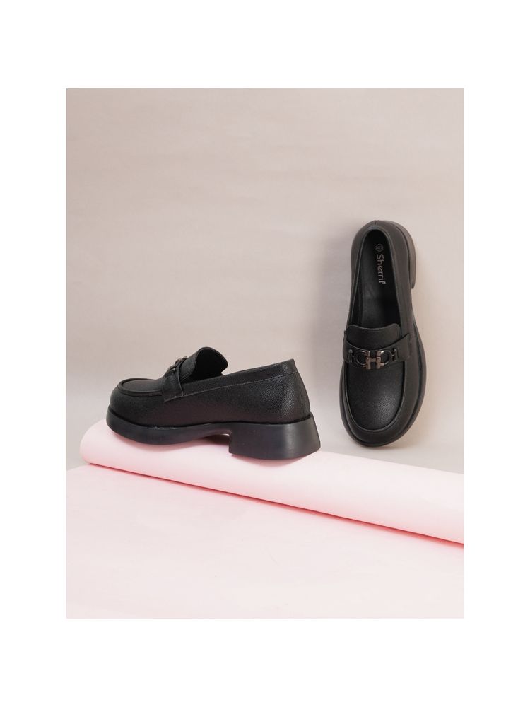 Sherrif Shoes Women Black Textured Block Heel Loafers-image-37