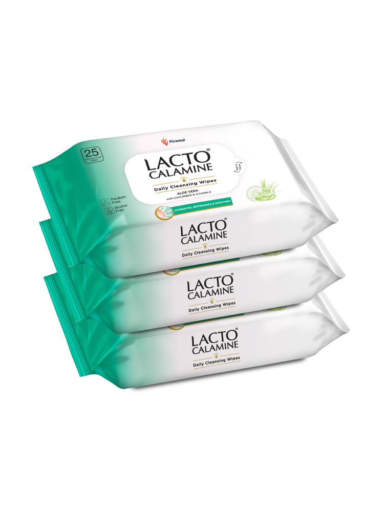 Lacto Calamine Daily Cleansing Face Wipes, Makeup Remover Wipes with Aloe Vera- Pack of 3