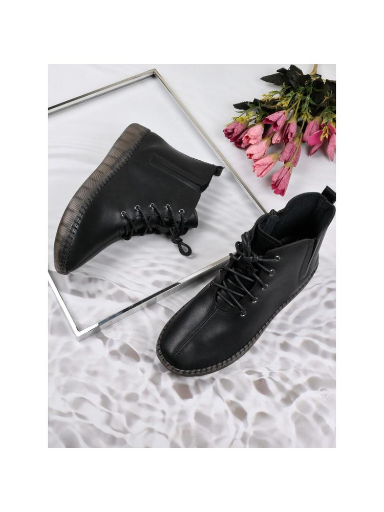 Jove Women Black Solid Ankle Length Boots-picture-11