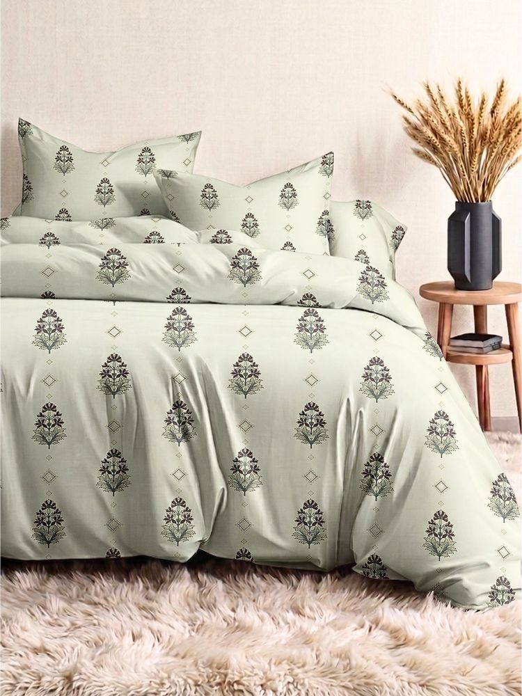 the White Moss Green Sage Mughal Buta 210Tc Cotton Bedsheet with 2 Pillow Covers (King)-image-39
