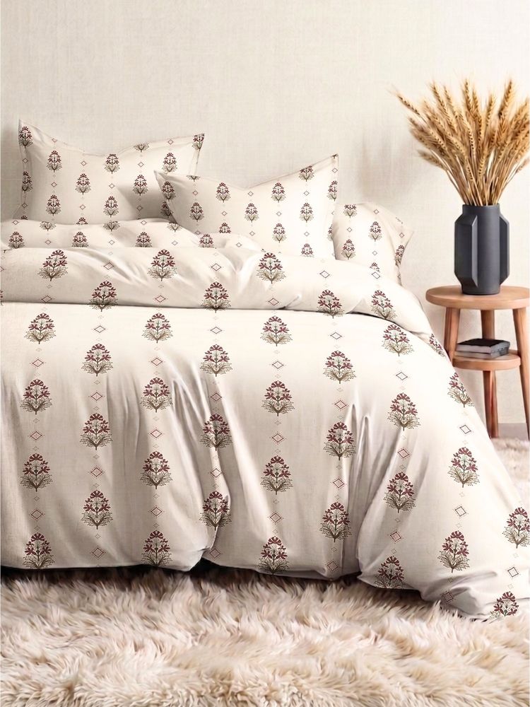 the White Moss Beige Blush Buta 210Tc Cotton Bedsheet with 2 Pillow Covers (King)-picture-46