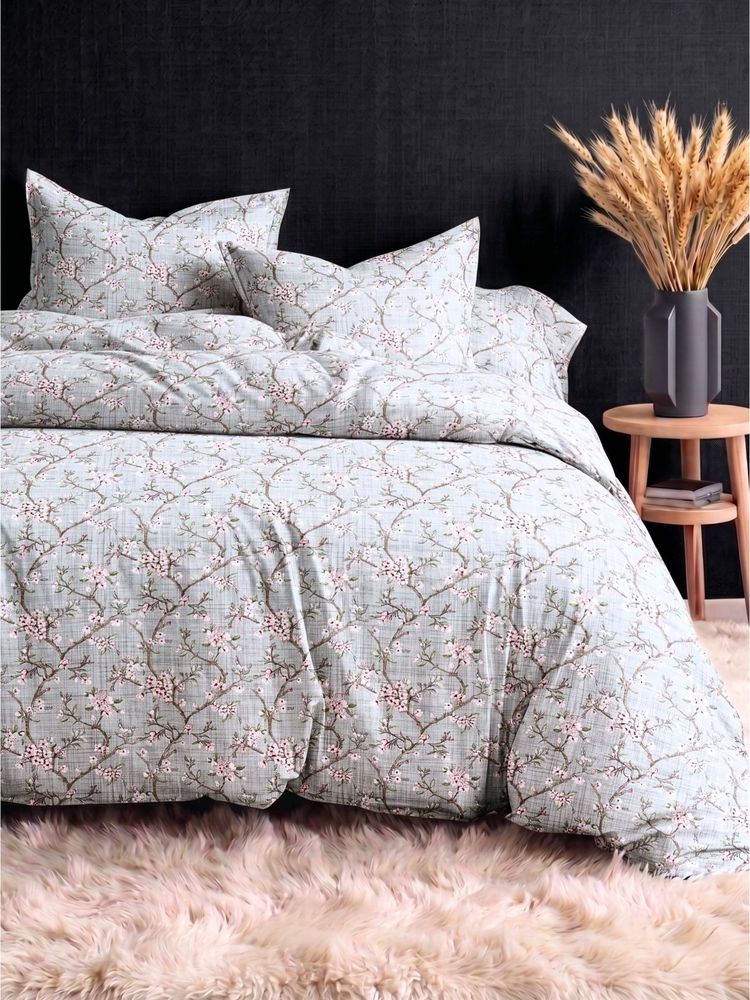 the White Moss Dove Grey Foliage 210Tc Cotton Bedsheet with 2 Pillow Covers (King)-image-17