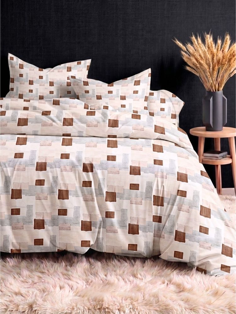 the White Moss Beige Brown Blocks 210Tc Cotton Bedsheet with 2 Pillow Covers (King)-picture-32