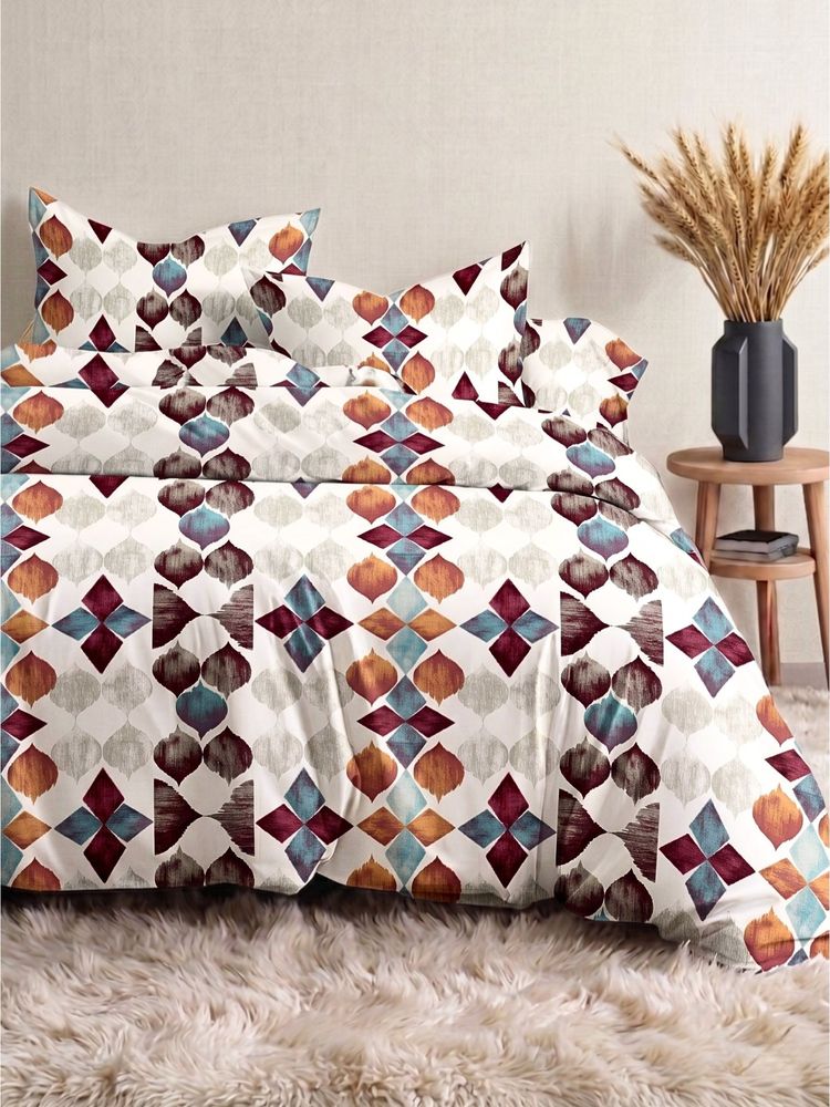 the White Moss Ivory Wine Mosaic 210Tc Cotton Bedsheet with 2 Pillow Covers (King)-picture-33