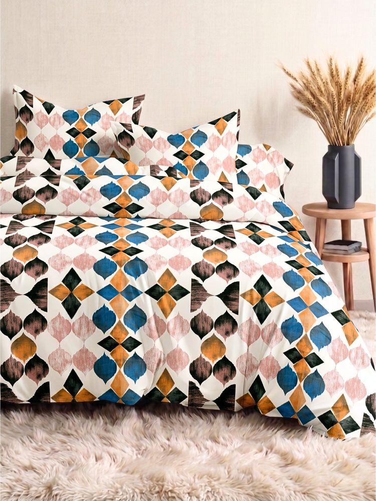 the White Moss Ivory Grey Mosaic 210Tc Cotton Bedsheet with 2 Pillow Covers (King)-picture-25