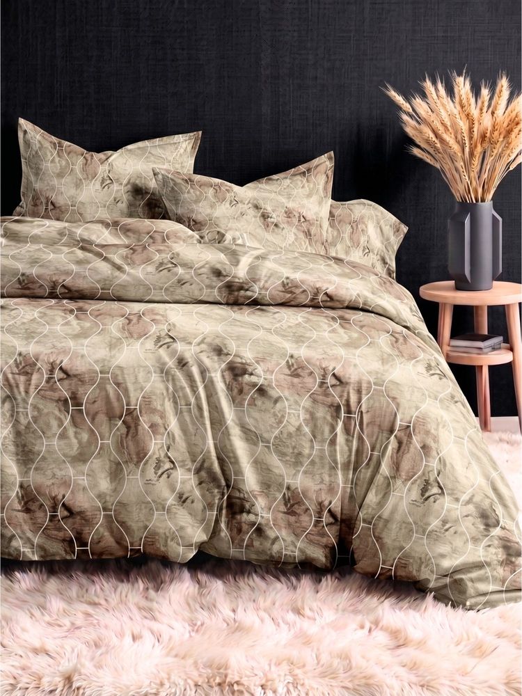 the White Moss Brown Earth Fluid Fretwork 210Tc Cotton Bedsheet with 2 Pillow Covers (King)-image-2