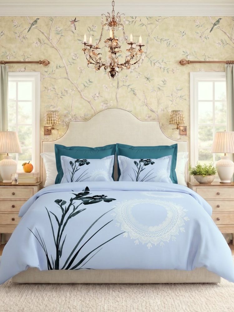 the White Moss Blue Sprig 250Tc Ivy Living Bedsheet with 2 Pillow Covers (King)-picture-18