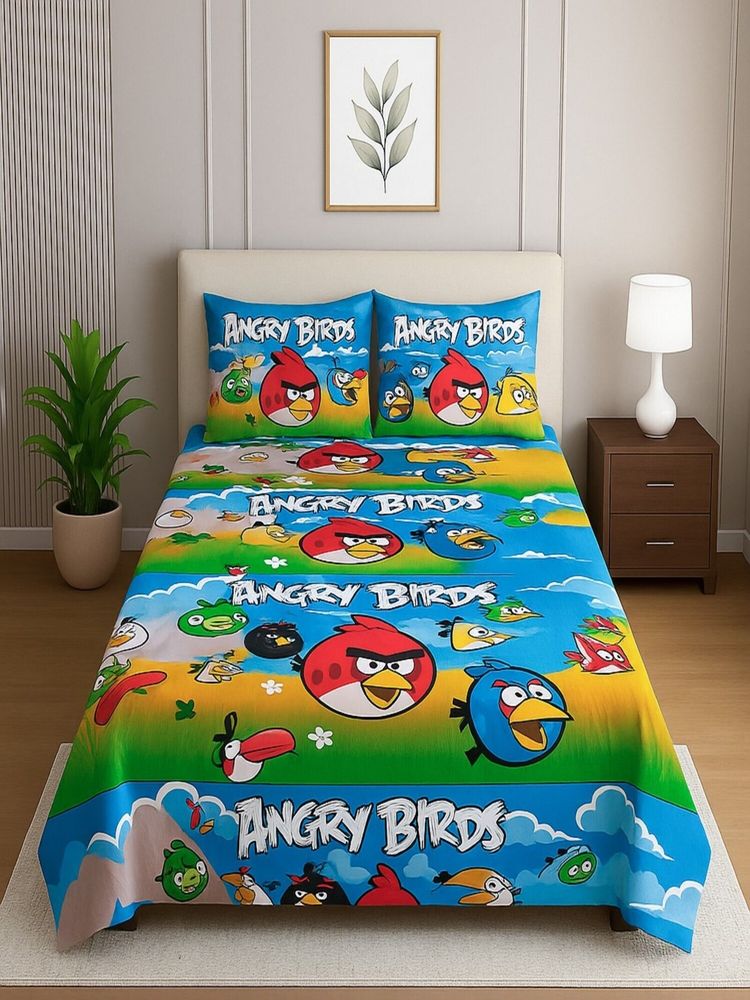 Threadwear Multi-Color Cartoon Print 350 Tc Cotton Flat Bedsheet with 2 Pillow Covers (Single)-image-49