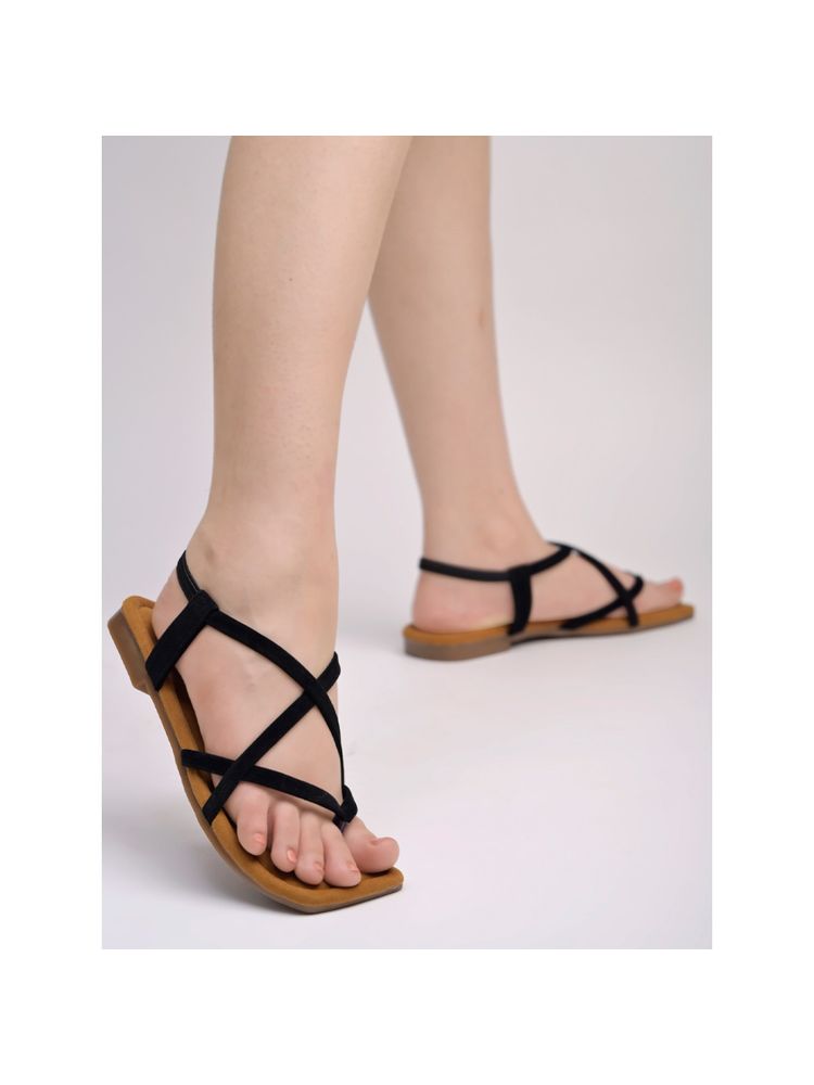 Shoetopia Strappy Detailed Black Flat Sandals for Women