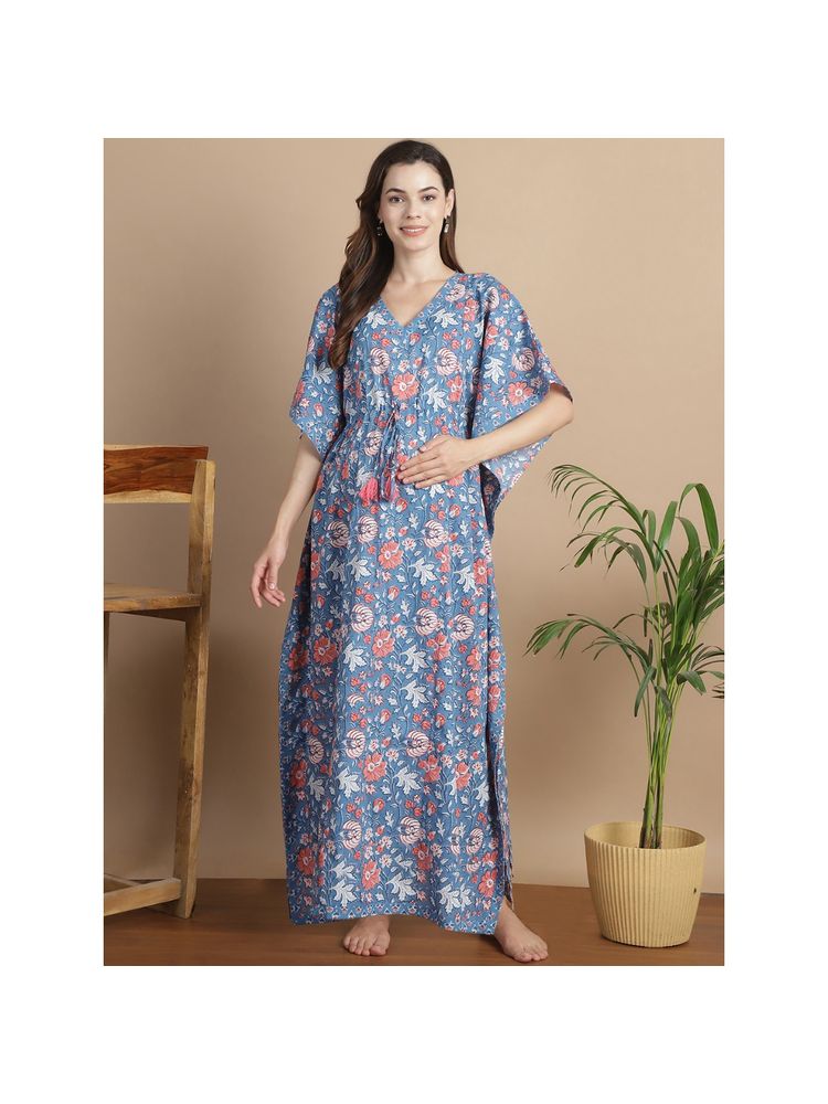 Secret Wish Light Blue Floral Cotton Maternity Kaftan-picture-28
