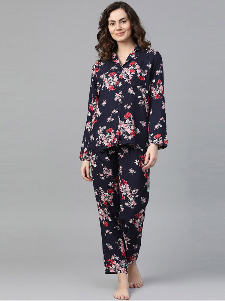 Drape In Vogue Women Flower Print Night Suit - Blue