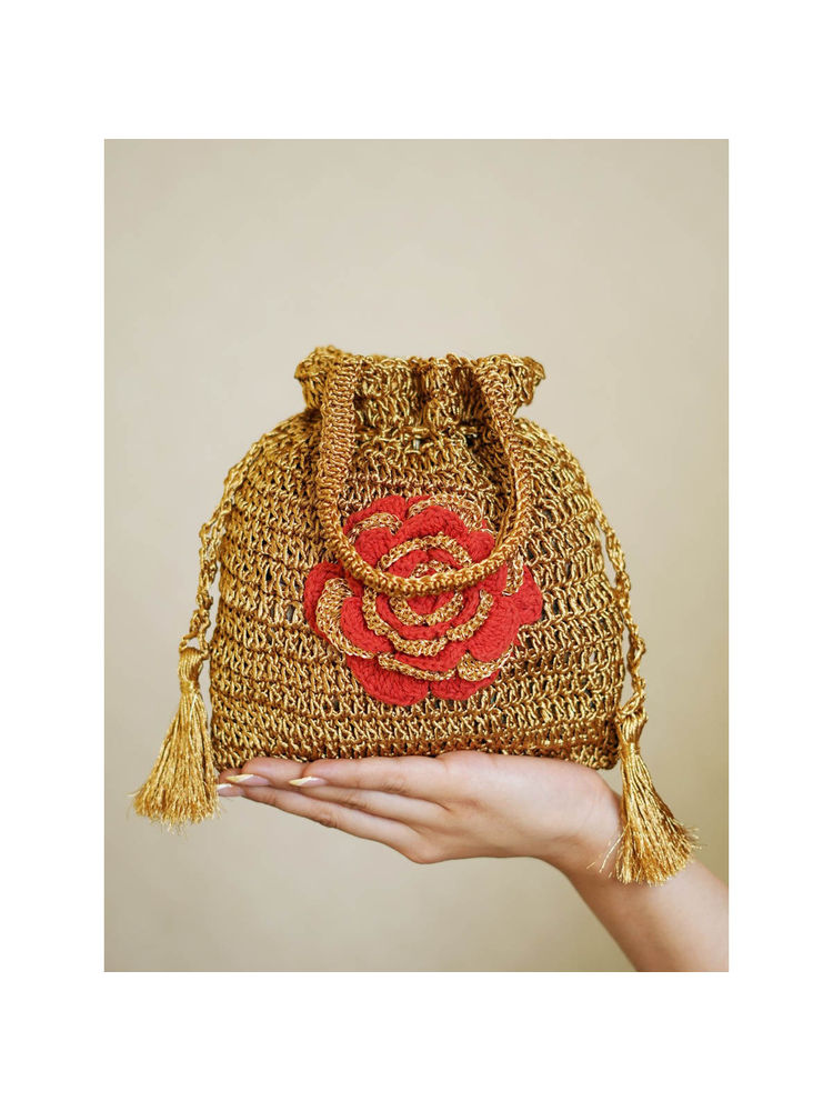 ITIHASIKALA Gold Lustrous Crochet Golden Potli-image-15