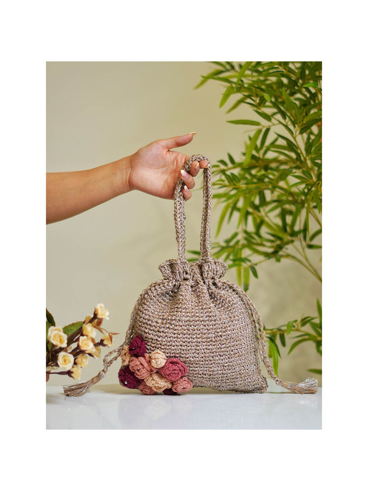 ITIHASIKALA Silver Rosette Charm Crochet Potli