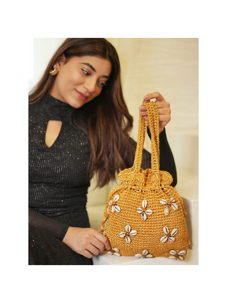 ITIHASIKALA Yellow Shell Bloom Crochet Potli-picture-25