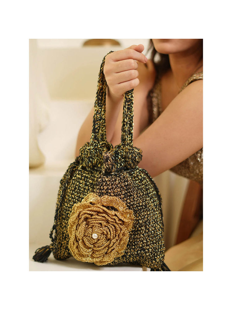 ITIHASIKALA Black Midnight Bloom Crochet Potli-picture-22