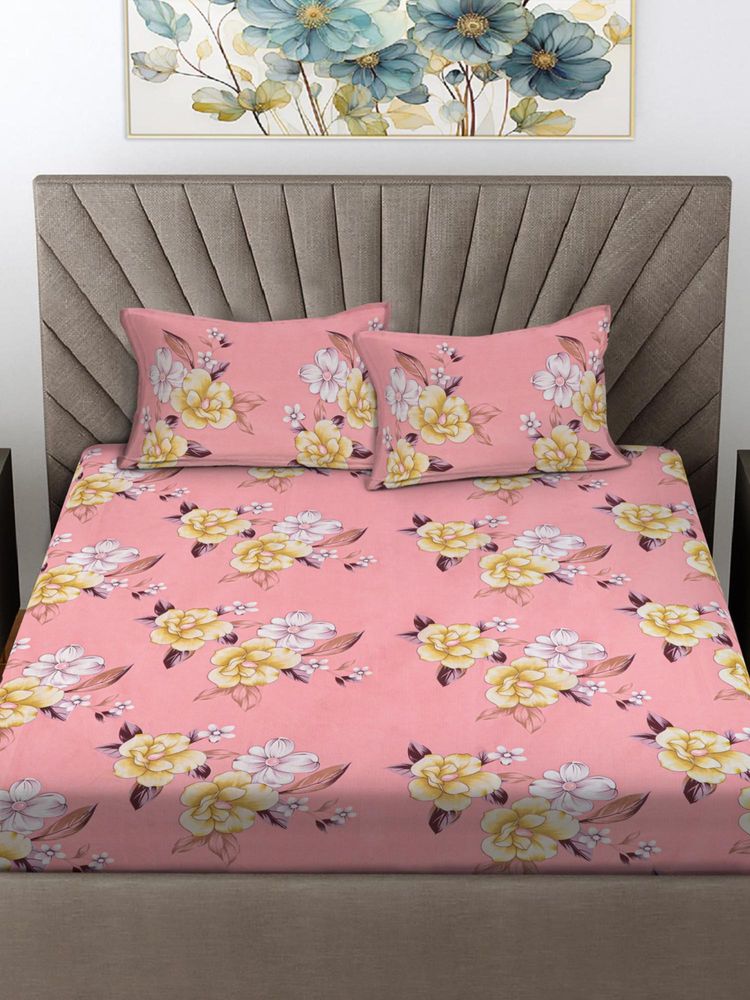 FABINALIV Pink Floral Cotton Blend King Bedsheet with 2 Pillow Covers-image-30