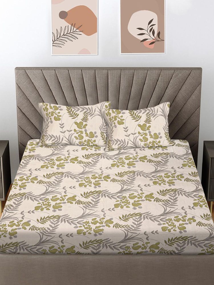 FABINALIV Beige Floral Cotton Blend King Bedsheet with 2 Pillow Covers-picture-15