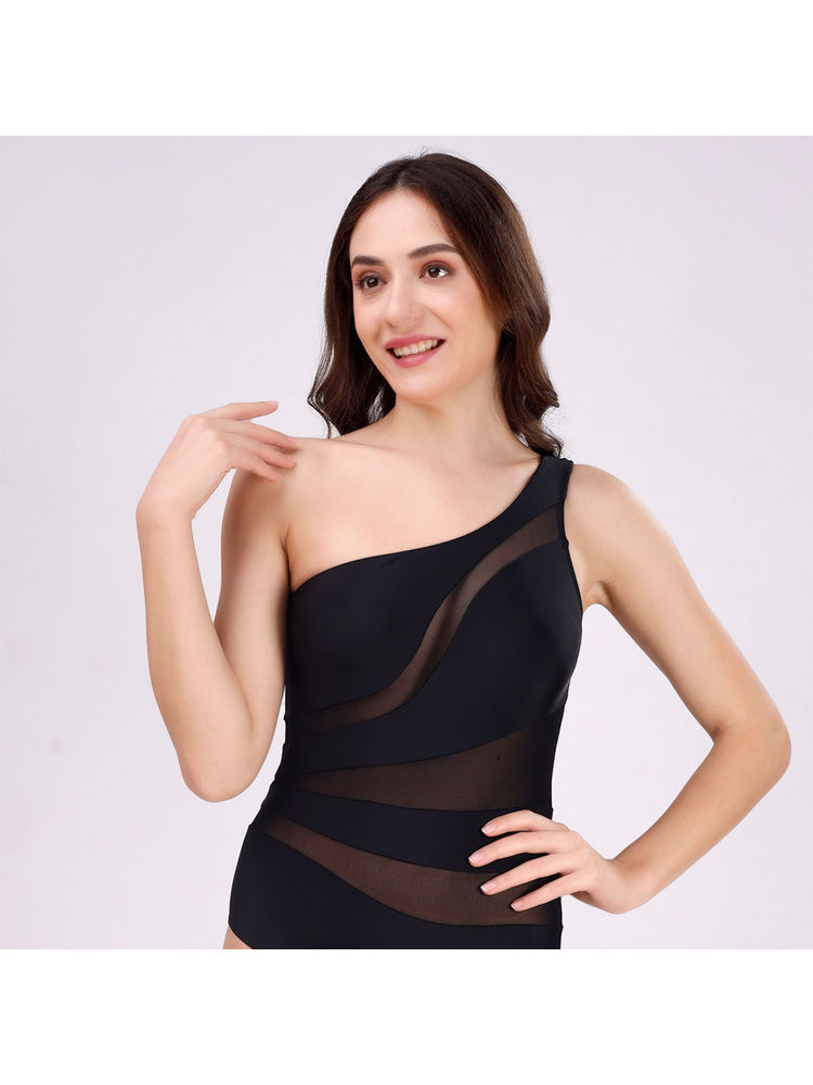 SOIE Womens Mesh Panelled One-Shoulder Black Monokini Swimsuit