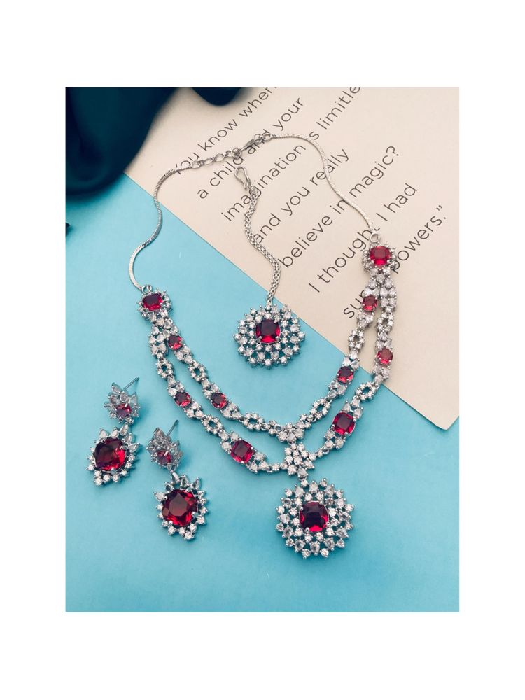 Abdesigns Red Sophisticated American Diamond Silver Plated Jewellery Set-image-8