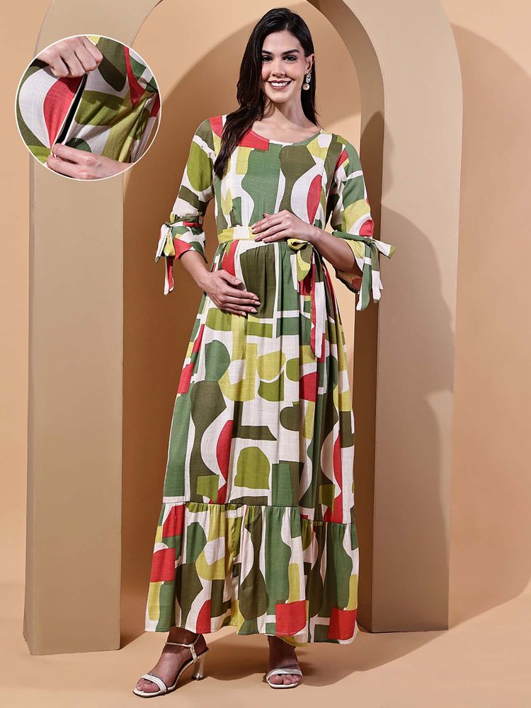 Moms Maternity Geomatric Cotton Slub Maxi Dress-picture-13