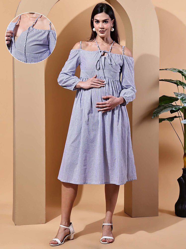 Moms Maternity Stripes Cotton Maternity Midi Dress-image-49