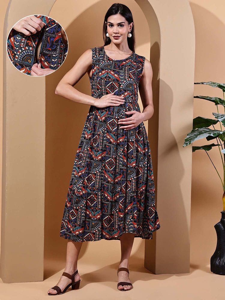 Moms Maternity Jaipuri Rayon Maternity Midi Dress-picture-38