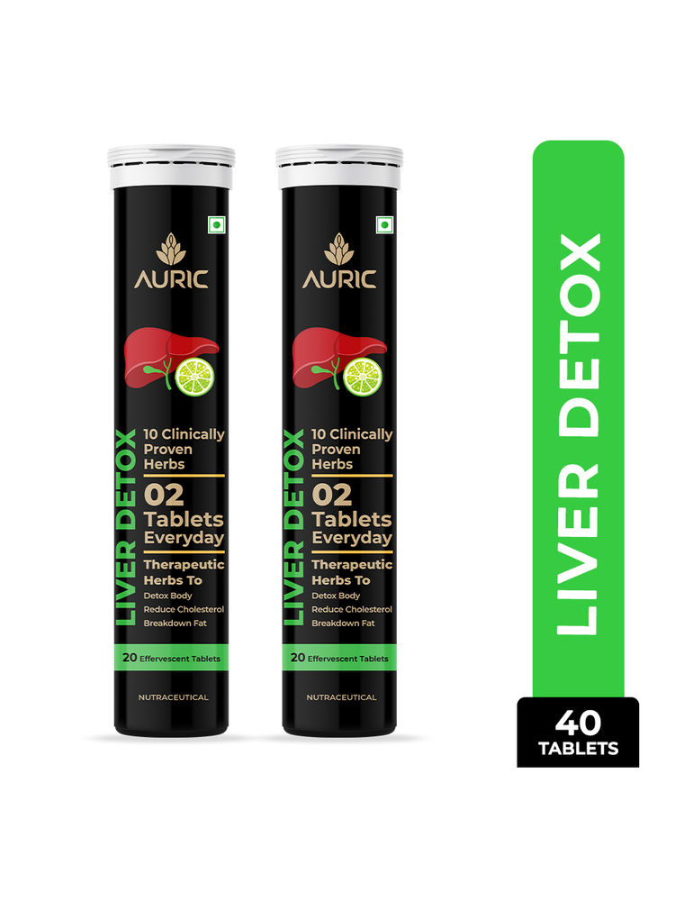 Auric Liver Detox Effervescent with 10 Ayurvedic Herbs, Clinically Researched ingredients , 2 Tubes