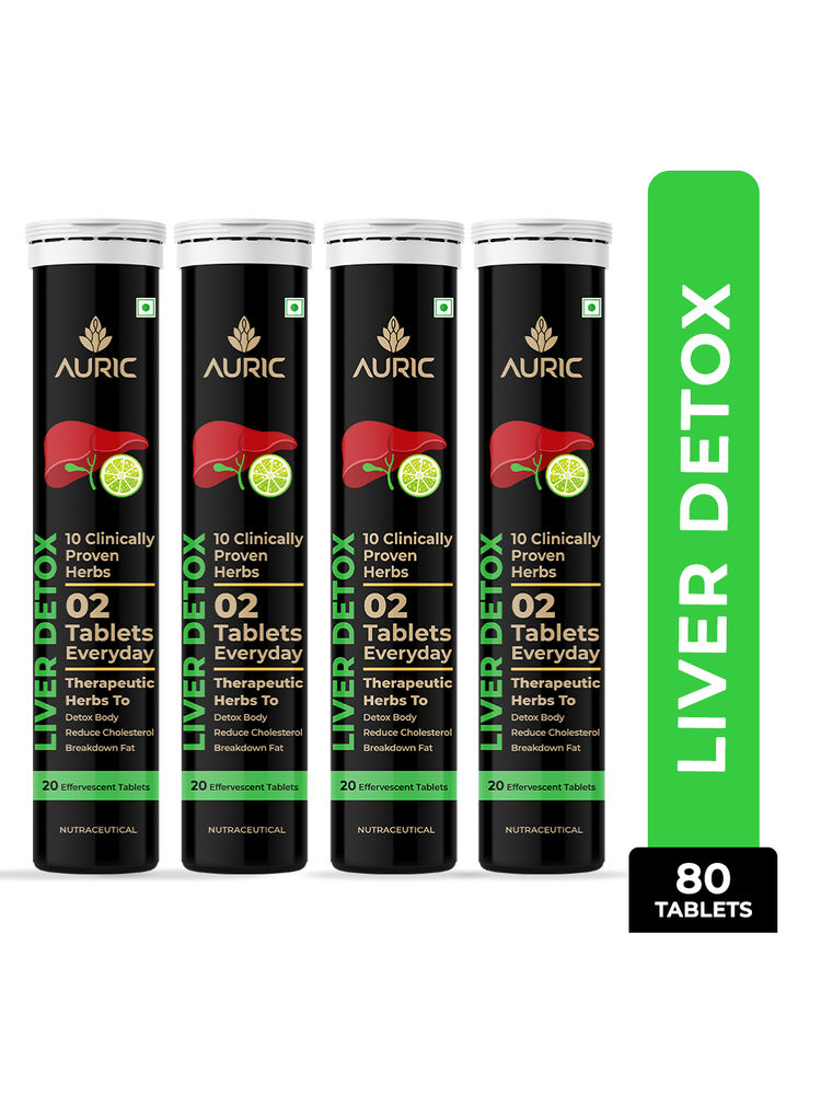 Auric Liver Detox Effervescent with 10 Ayurvedic Herbs, Clinically Researched ingredients , 4 Tubes