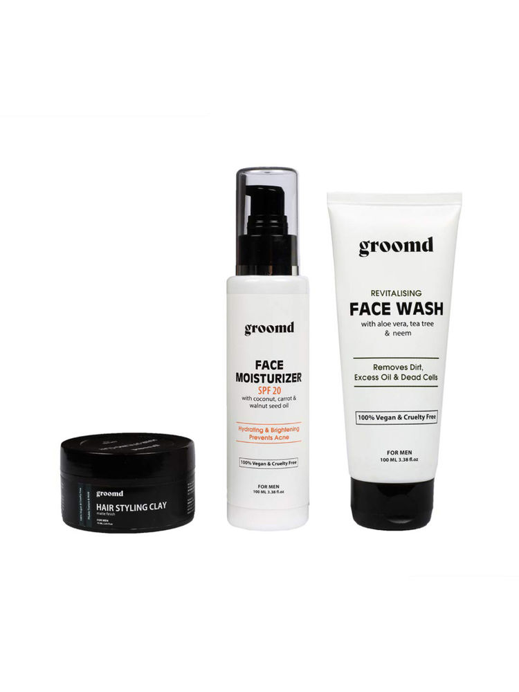 Groomd Face Care And Hair Styling Set For Men Face Wash, Face Moisturizer, Hair Clay
