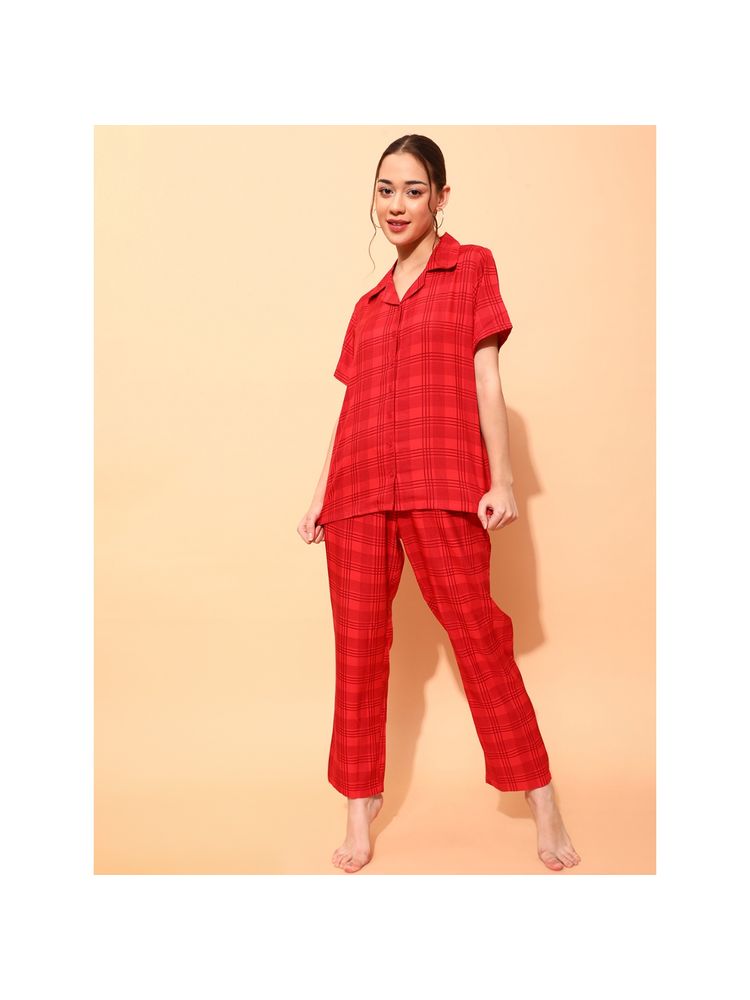 Clovia Classy Checks Printed Buttoned Down Shirt & Pyjama Set - Red-image-49