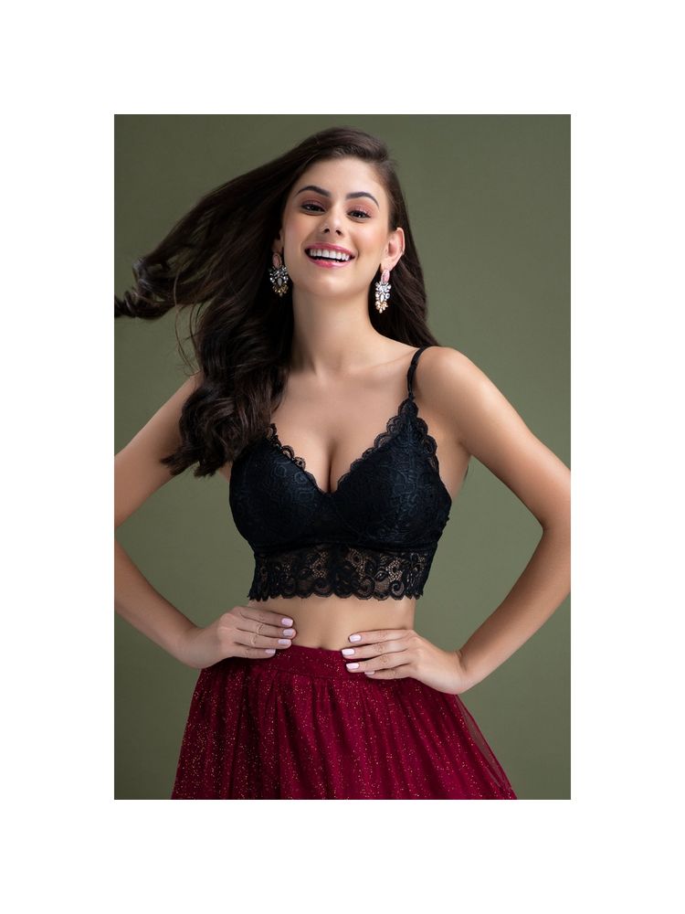 Clovia Lace Solid Padded Full Cup Wire Free Bralette Bra - Black