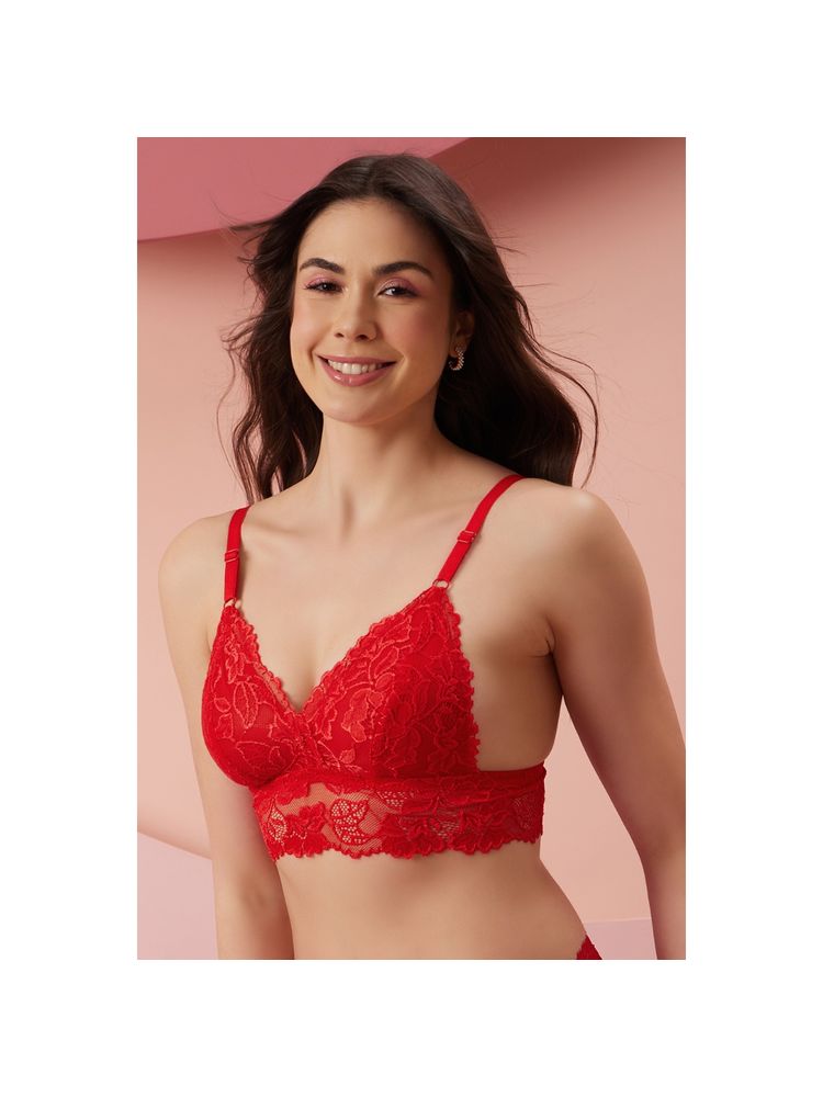 Clovia Non-Padded Non-Wired Full Cup Longline Bralette In Red - Lace-picture-28
