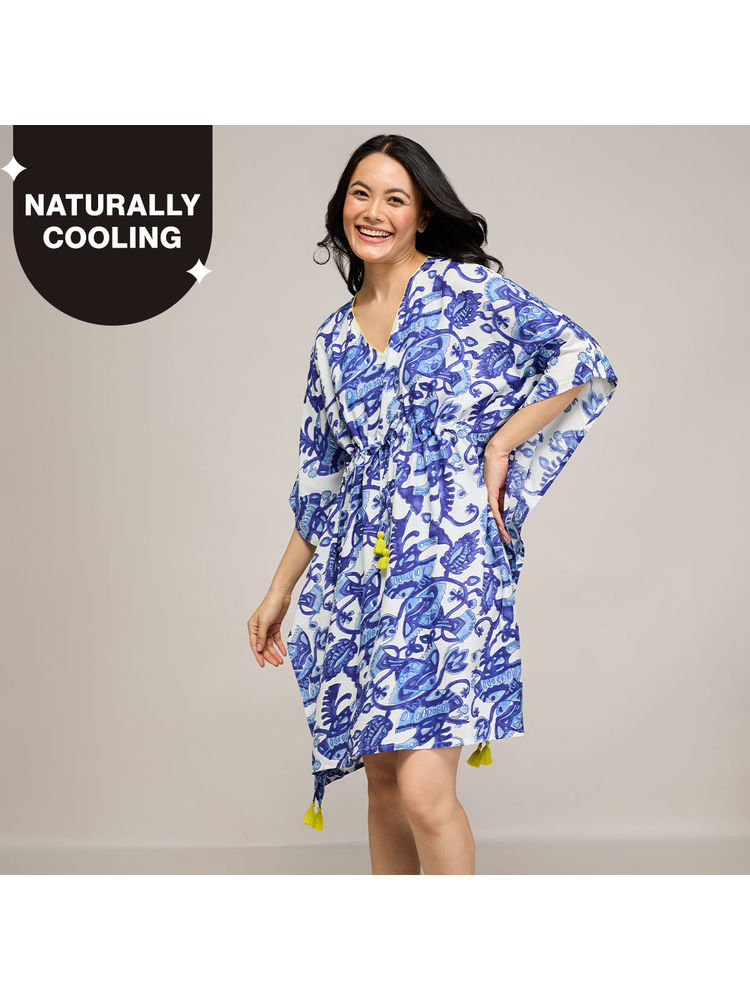 Nykd By Nykaa Breezy Rayon Kaftan With Tasselled Tie-Up At Waist Nys136 Blue-picture-14