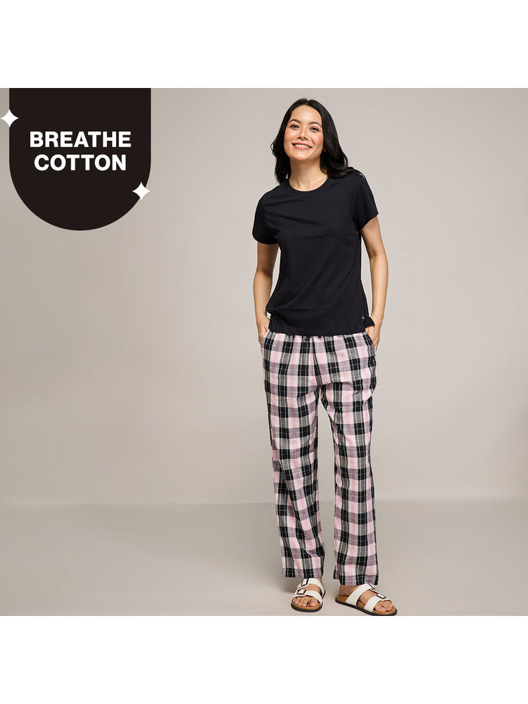 Nykd By Nykaa Essential Cotton Pyjama Coord Set With Crew Neck Cotton Knit Tee Nys943 Black-image-7