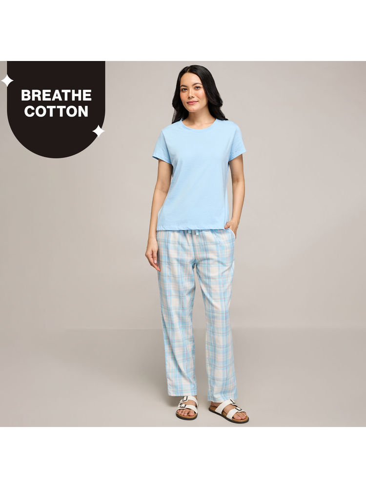 Nykd By Nykaa Essential Cotton Pyjama Coord Set With Crew Neck Cotton Knit Tee Nys943 Blue-picture-24
