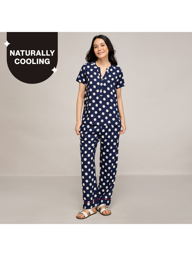 Nykd By Nykaa Breezy Rayon Pyjama Coord Set With Flattering High Low Hem Top Nys933 Navy Blue-picture-13