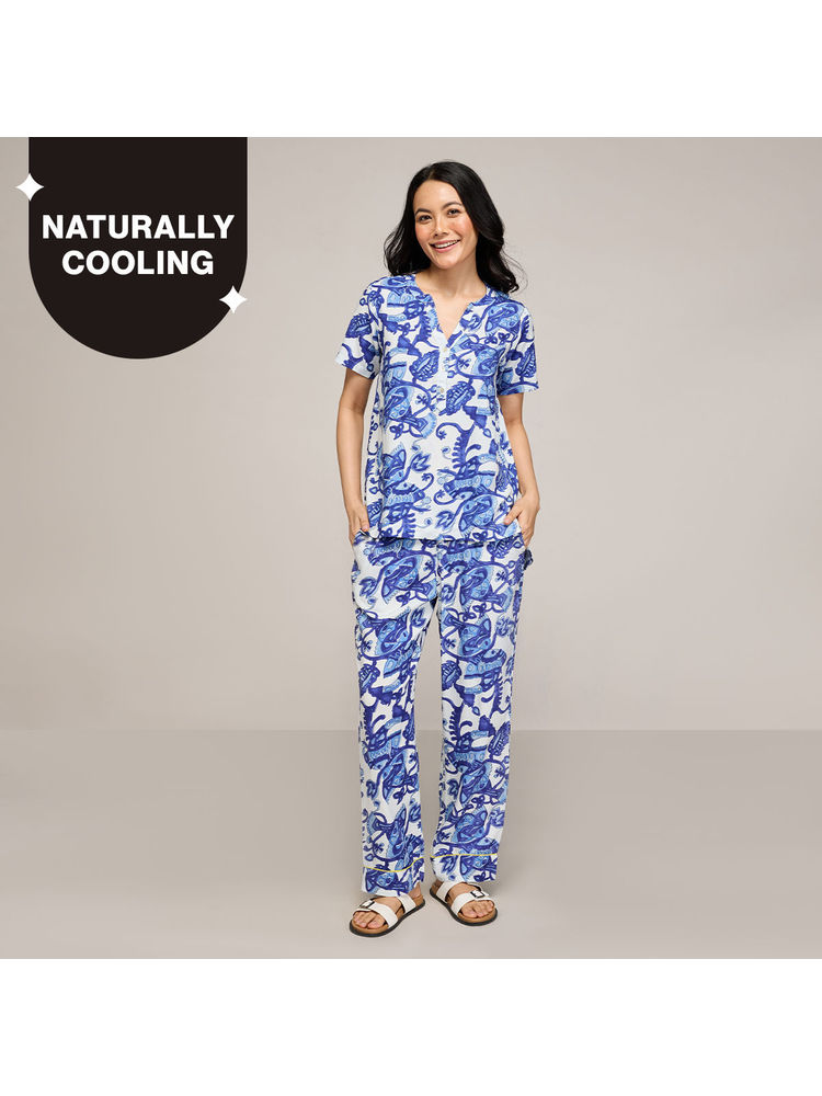 Nykd By Nykaa Breezy Rayon Pyjama Coord Set With Flattering High Low Hem Top Nys933 Blue-picture-14