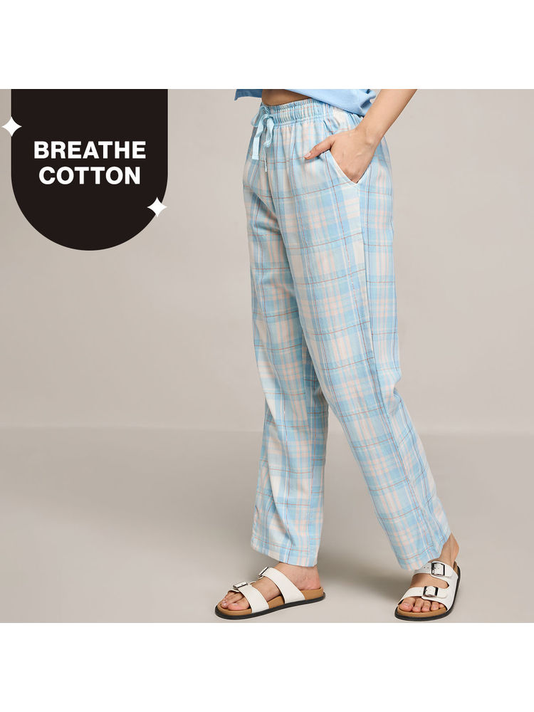 Nykd By Nykaa Essential Cotton Pyjama With Adjustable Elasticated Waist & Pockets Nys141 Blue Peach Check-image-2