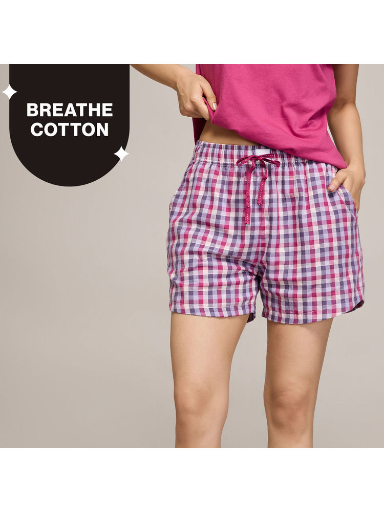 Nykd By Nykaa Essential Cotton Shorts With Pockets & Adjustable Waist Nys914 Grape Check-picture-27