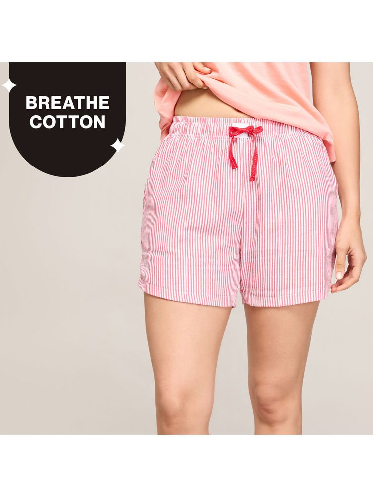 Nykd By Nykaa Essential Cotton Shorts With Pockets & Adjustable Waist Nys914 Coral Stripe-picture-0