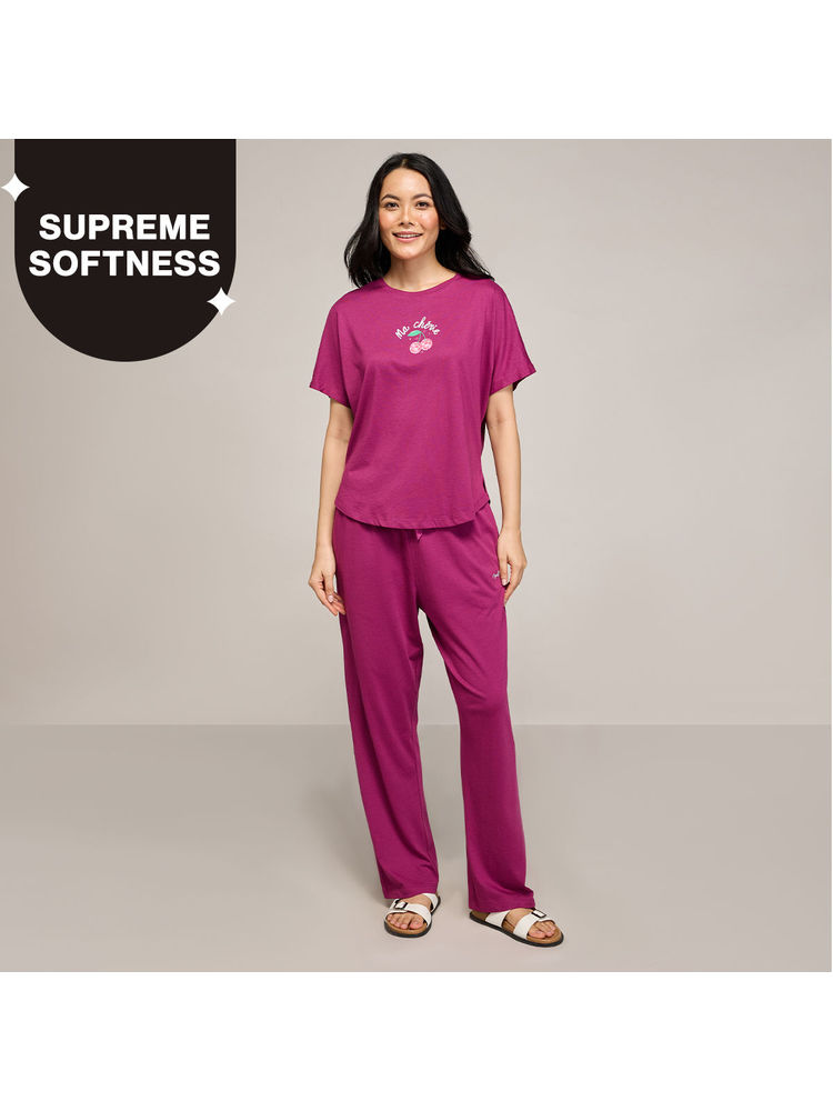 Nykd By Nykaa Buttery Soft Modal Cotton Pyjama Coord Set With Round Neck Graphic Tee Nys932 Wine-picture-23
