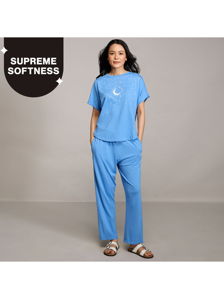 Nykd By Nykaa Buttery Soft Modal Cotton Pyjama Coord Set With Round Neck Graphic Tee Nys932 Blue-picture-14